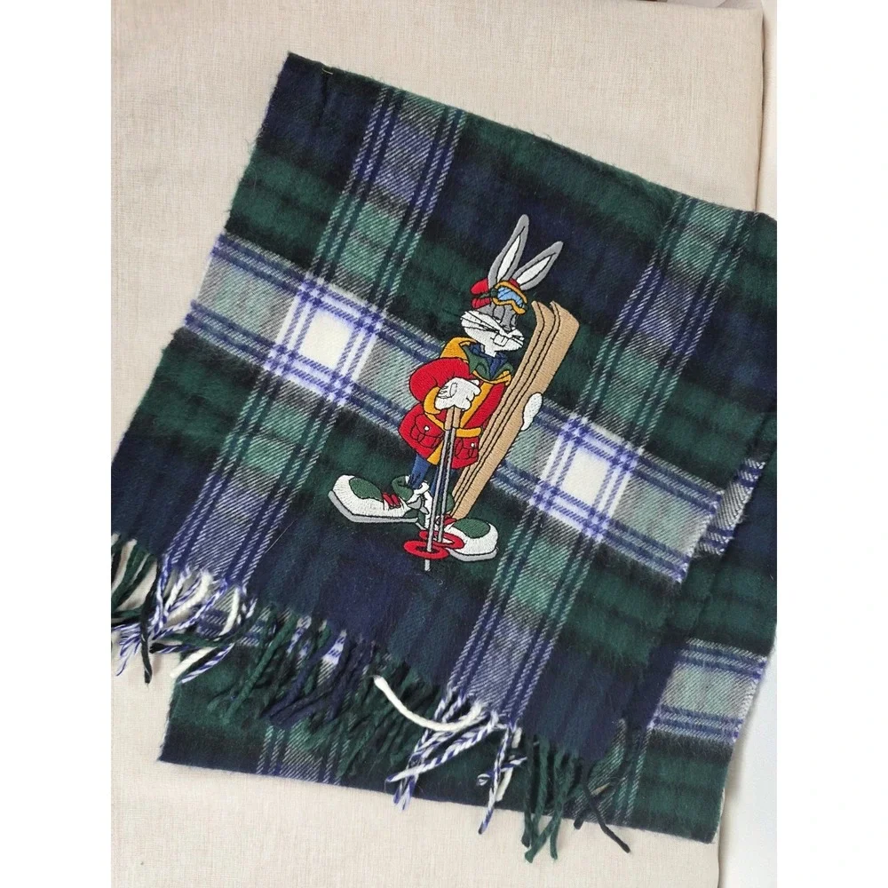 Vintage ACME Warner Bros Bugs Bunny Scarf 90s Plaid Green